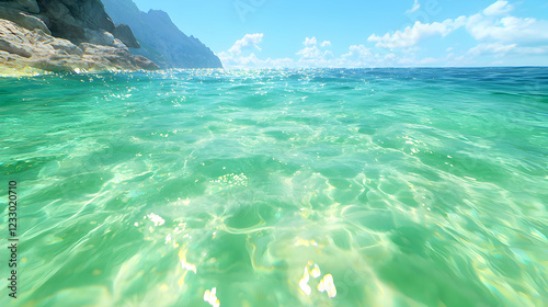 Crystal-clear ocean, sunny beach, coastal cliffs, summer vacation