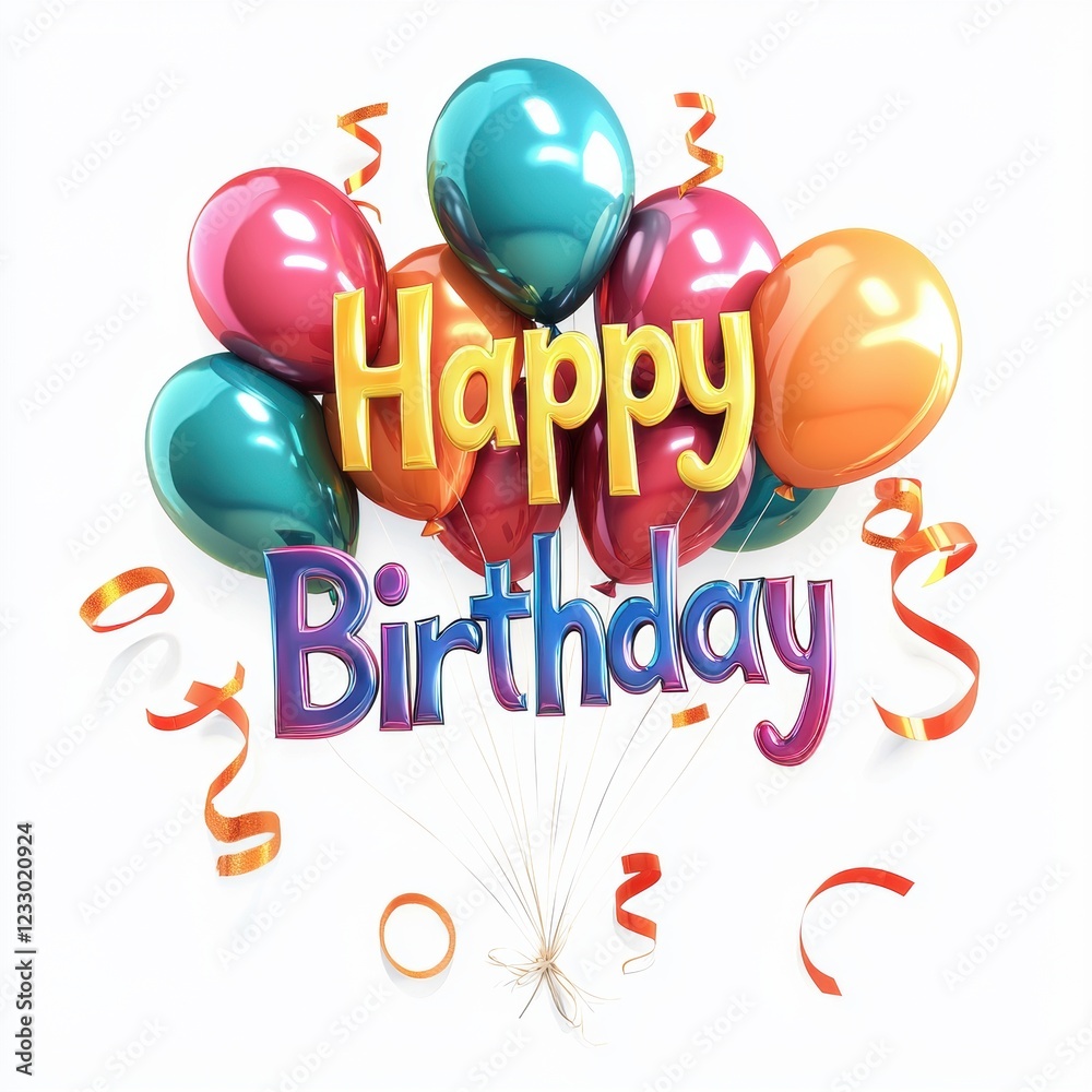 Colorful balloon-style Happy Birthday text with floating ribbons, placed on a bright white background Colorful balloon-style Happy Birthday text with floating ribbons, placed on a bright white background