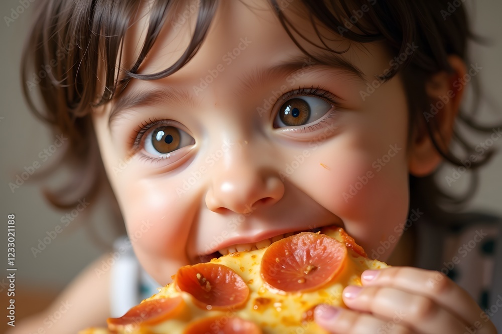 Young caucasian child enjoying pizza with pepperoni topping and a joyful expression Young caucasian child enjoying pizza with pepperoni topping and a joyful expression