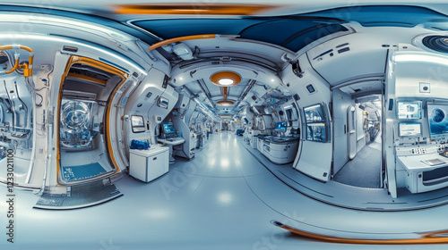 Fototapeta Naklejka Na Ścianę i Meble -  360 degree full panorama environment map of bright futuristic technology space station ship sci-fi modern industry lab hallway tunnel interior 3d render illustration hdri hdr vr virtual reality