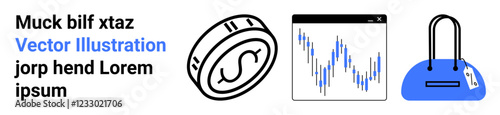 Currency coin, stock chart, blue shopping bag with tag Vector Illustration. Ideal for financial growth, investment strategies, business analysis, online shopping, economic trends, market research