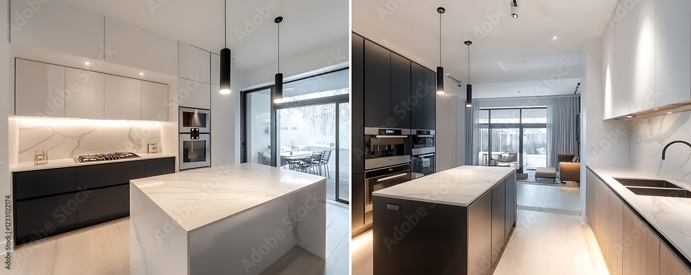 Before and after a small kitchen remodel highlighting efficient use space and sleek designs