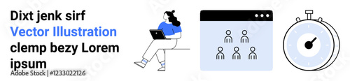 Woman sitting with a laptop, user interface with user icons, and a stopwatch. Ideal for online education, productivity, time management, tech startups, modern design, business tools, landing page