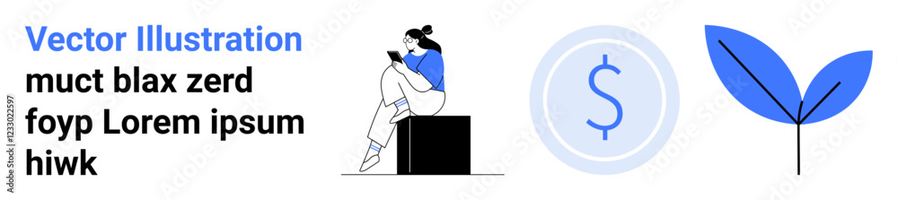 Woman using smartphone while sitting on a cube, currency icon with dollar sign, stylized leaf art. Ideal for financial growth, sustainability, technology, eco-friendly, education, investment mobile Woman using smartphone while sitting on a cube, currency icon with dollar sign, stylized leaf art. Ideal for financial growth, sustainability, technology, eco-friendly, education, investment mobile
