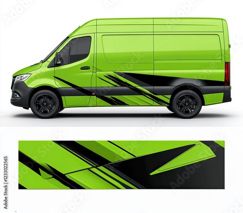 A practical service van mockup and wrap decal for livery and branding identity design, featuring an abstract graphic of green and black stripes for company van or racing car stickers and decals