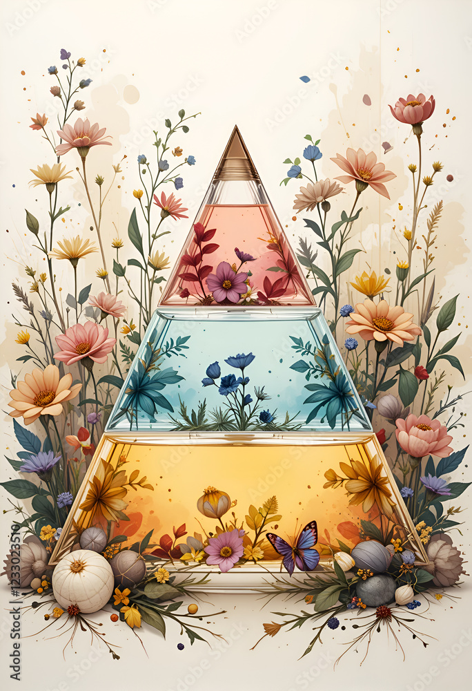 olfactory triangle of perfume: high , middle and base notes in abstract vision. Ai generated