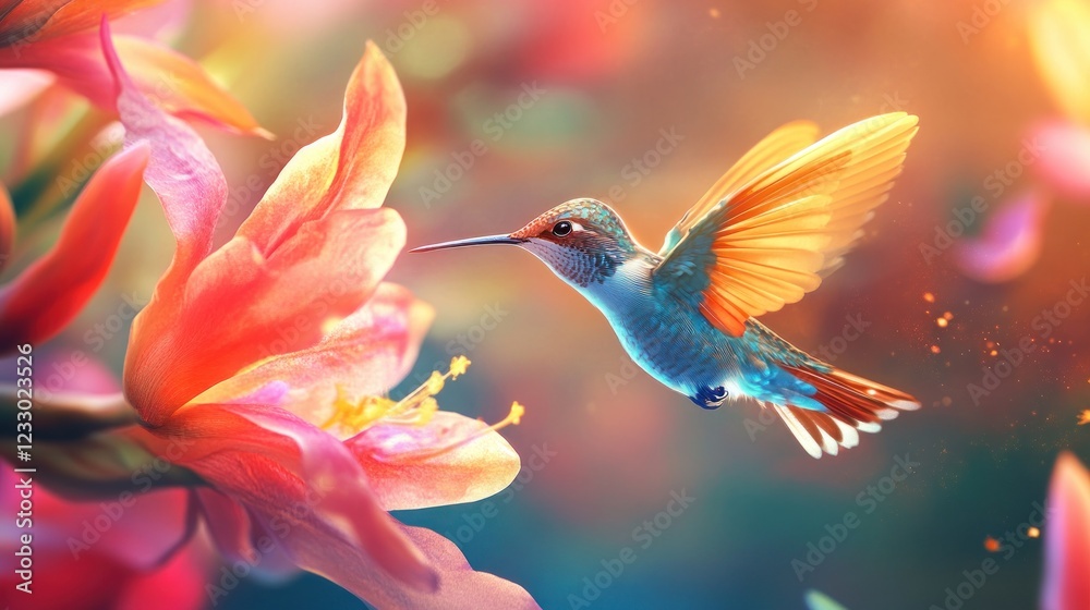 Fototapeta premium Hummingbird feeding on a vibrant pink flower.