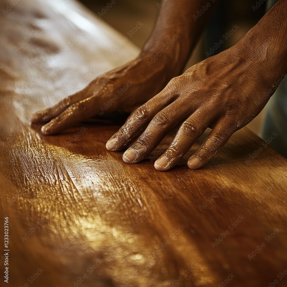 Fototapeta premium A man's hands are covered in a sticky substance, possibly honey or syrup