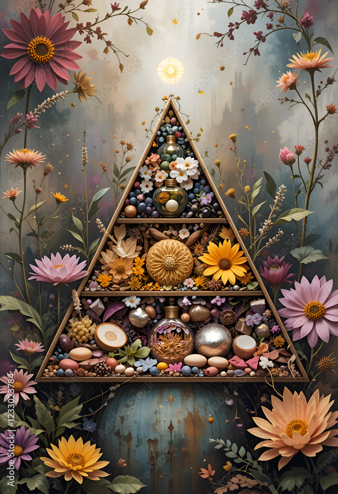 olfactory triangle of perfume: high , middle and base notes in abstract vision. Ai generated