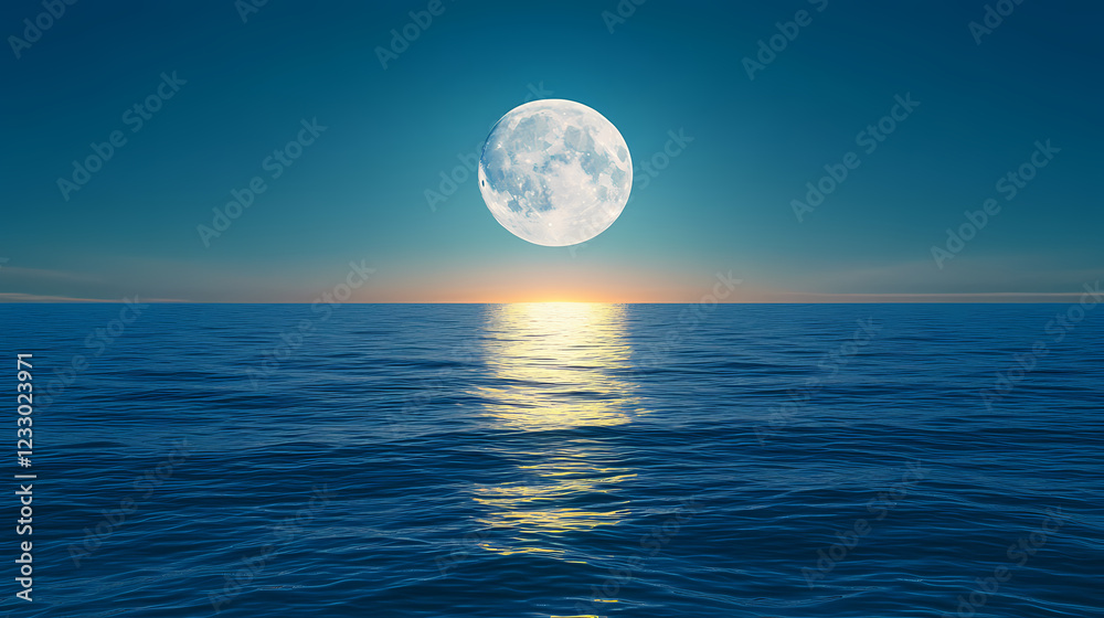The moon rising over the ocean, creating a shimmering reflection on the water surface under a clear sky. Shimmering Bay. Illustration The moon rising over the ocean, creating a shimmering reflection on the water surface under a clear sky. Shimmering Bay. Illustration