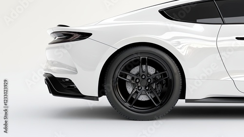 On the right side of the picture, a white car with black rims is shown in close-up, highlighting the wheel and bodywork. The background is white, and the car is parked with attention on the right rim