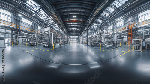 360 panorama spherical view of industrial factory hall 3d render illustration with dark concrete surface futuristic industrial design vr hdr hdri style