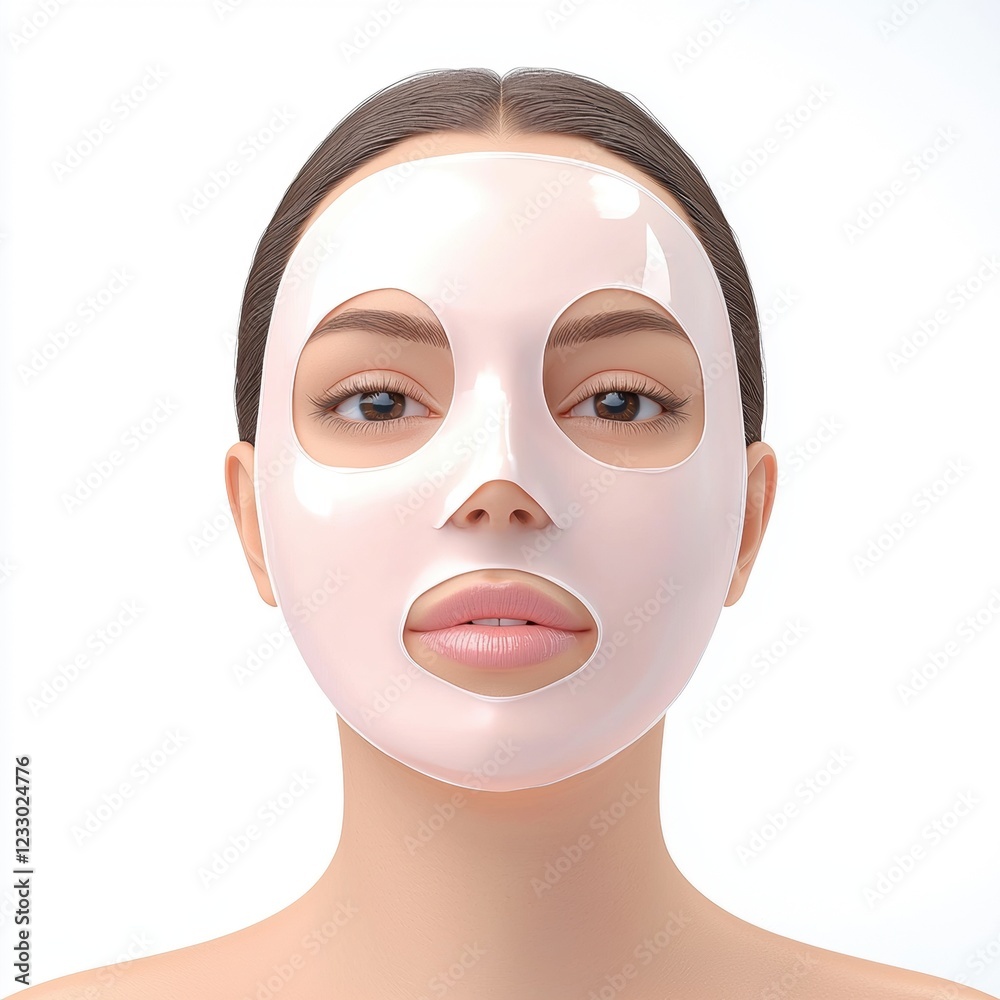 Face mask sheet being applied to a womanâ???s skin, centered on a clean white background Face mask sheet being applied to a womanâ???s skin, centered on a clean white background