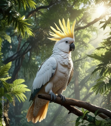 Cockatoo's bright plumage reflects sunlight filtering through the rainforest canopy , Feathered Friend, Bird Perch