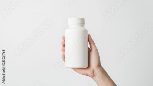 Hand Holding White Bottle Against Minimalist Background photo