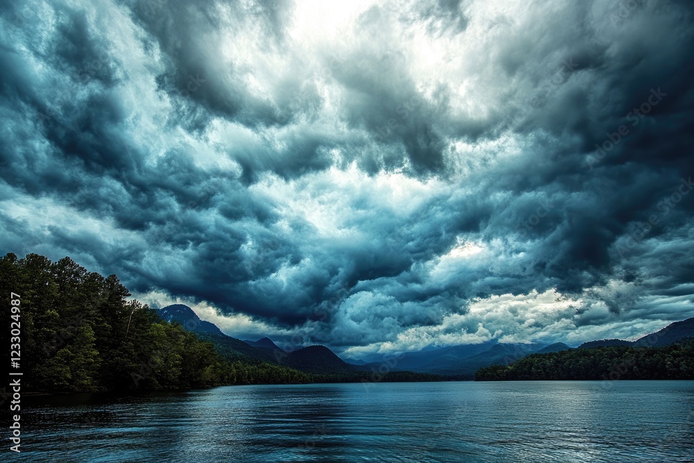 Fototapeta premium Stunning Cloud Reflections Over Lake Lure: A Colorful Appalachian Scene in North Carolina