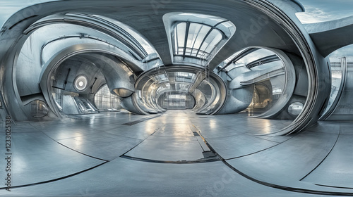 360 degree panorama of abstract industrial building with futuristic design 3d render illustration hdri vr style