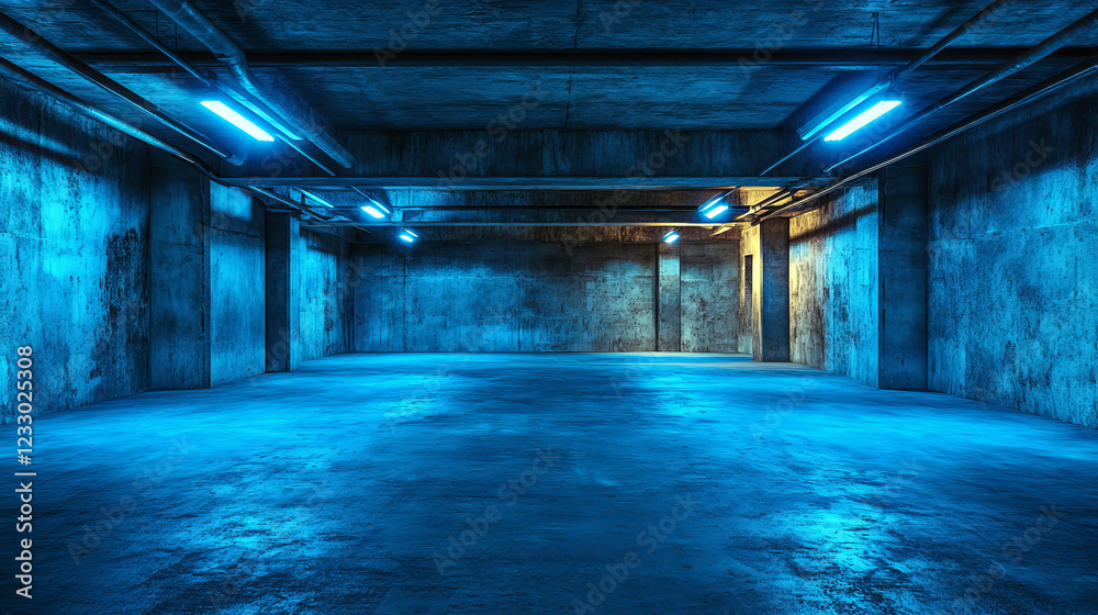 Fototapeta premium Underground concrete basement with low key blue lighting industrial grunge concrete background 3d render illustration
