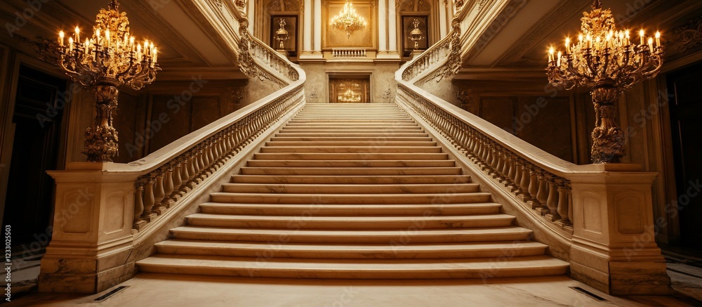 Obraz premium Elegant grand staircase adorned with chandeliers in a historic building's foyer