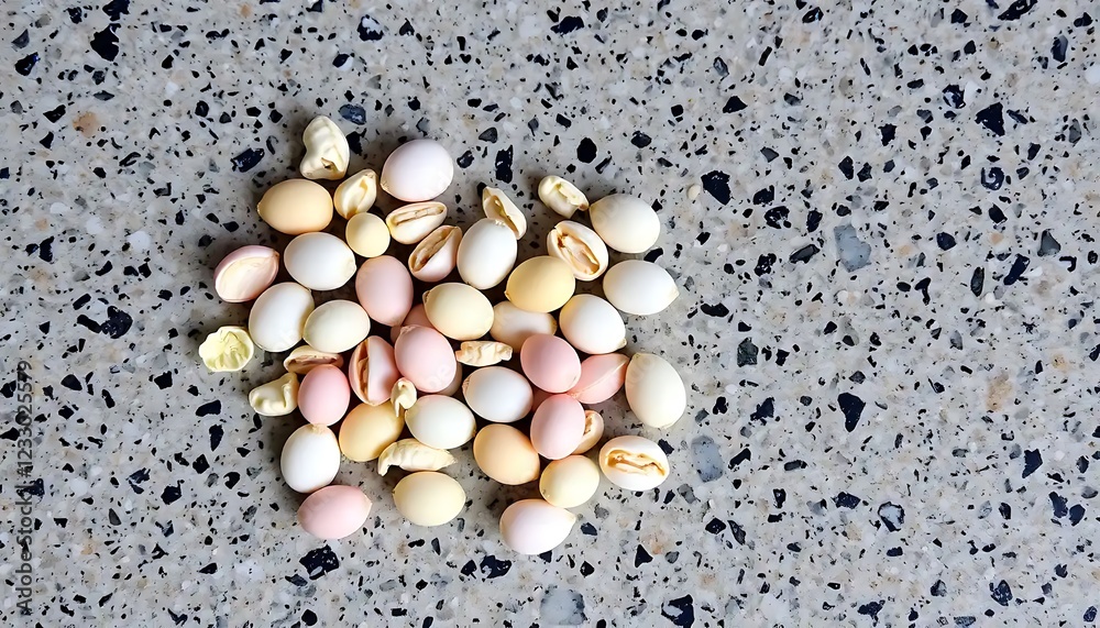 Pastel Colored Quail Eggshells On A Countertop Pastel Colored Quail Eggshells On A Countertop