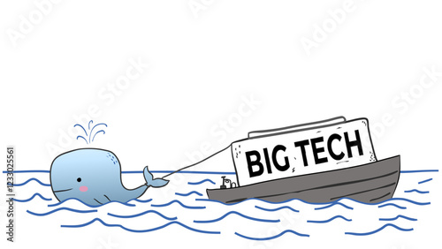 Whale symbolizing a rising Chinese tech company towing a ship labeled "Big Tech" across the ocean, depicting industry dominance.