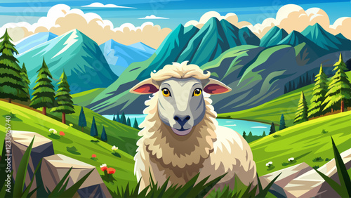 Sheep animal in the nice green and healthy landscape high in mountains, panorama