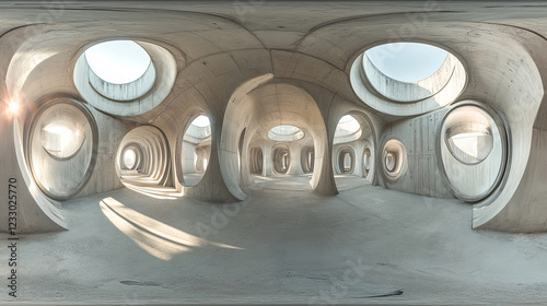 Fototapeta Naklejka Na Ścianę i Meble -  360 degree panorama of abstract concrete architecture building hallway with bright sun light 3d render illustration hdri vr style