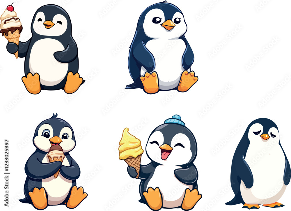 Obraz premium Cute cartoon penguins holding and eating ice cream cones