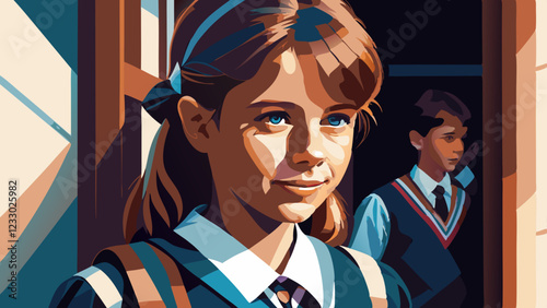 A schoolgirl in vintage uniform looking thoughtfully past camera. Retro graphic novel style with boy in background. Concept of: education, youth culture, manga illustration