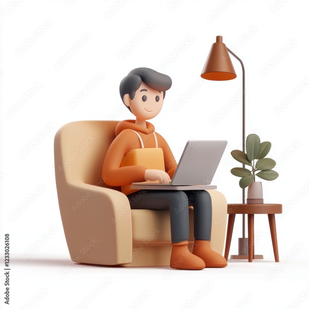 Freelancer working remotely on a laptop in a cozy home setting, isolated on a clean white background Freelancer working remotely on a laptop in a cozy home setting, isolated on a clean white background