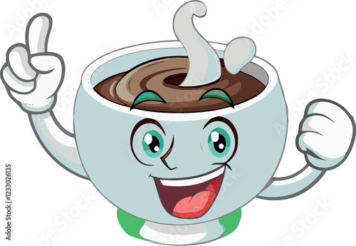 Happy cartoon cup of hot chocolate with steam pointing up