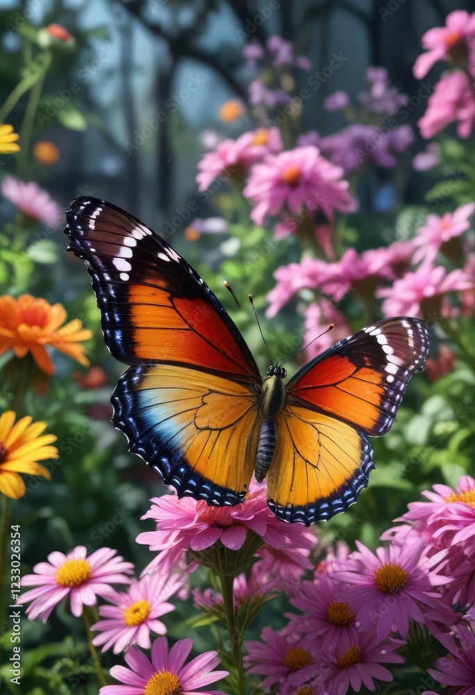 Colorful butterfly perched on a blooming flower in the garden, bloom, landscape, floral Colorful butterfly perched on a blooming flower in the garden, bloom, landscape, floral