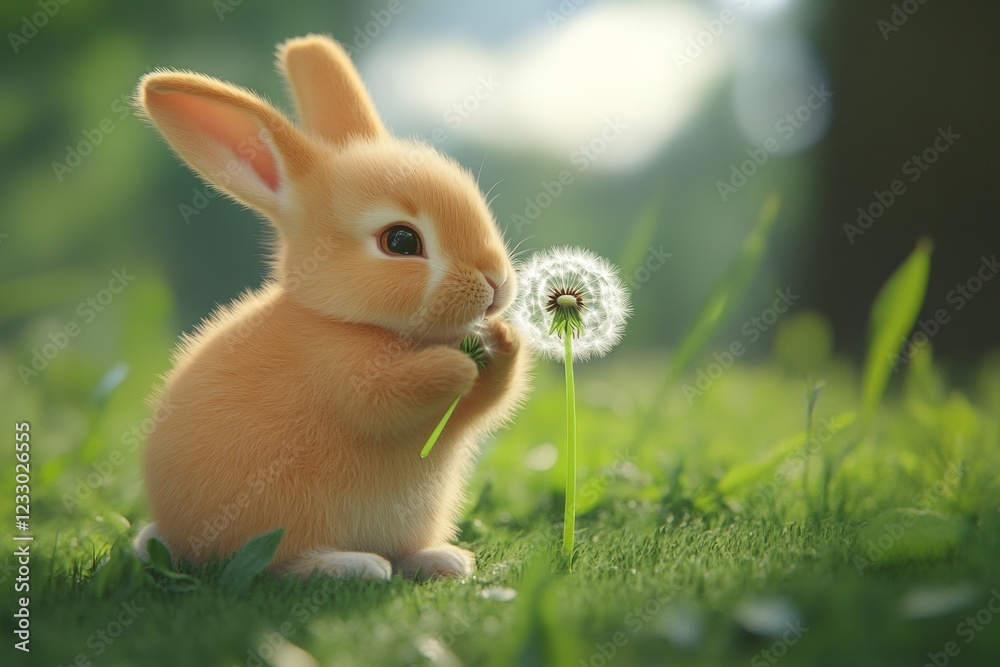 Fototapeta premium A baby rabbit is enjoying a dandelion in a lush green meadow, surrounded by nature. The gentle sunlight shines on the fluffy flower, creating a peaceful atmosphere