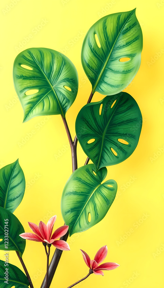 Obraz premium Tropical philodendron leaves on yellow summer background 3D Rendering, 3D Illustration, crayon drawing, with white tones