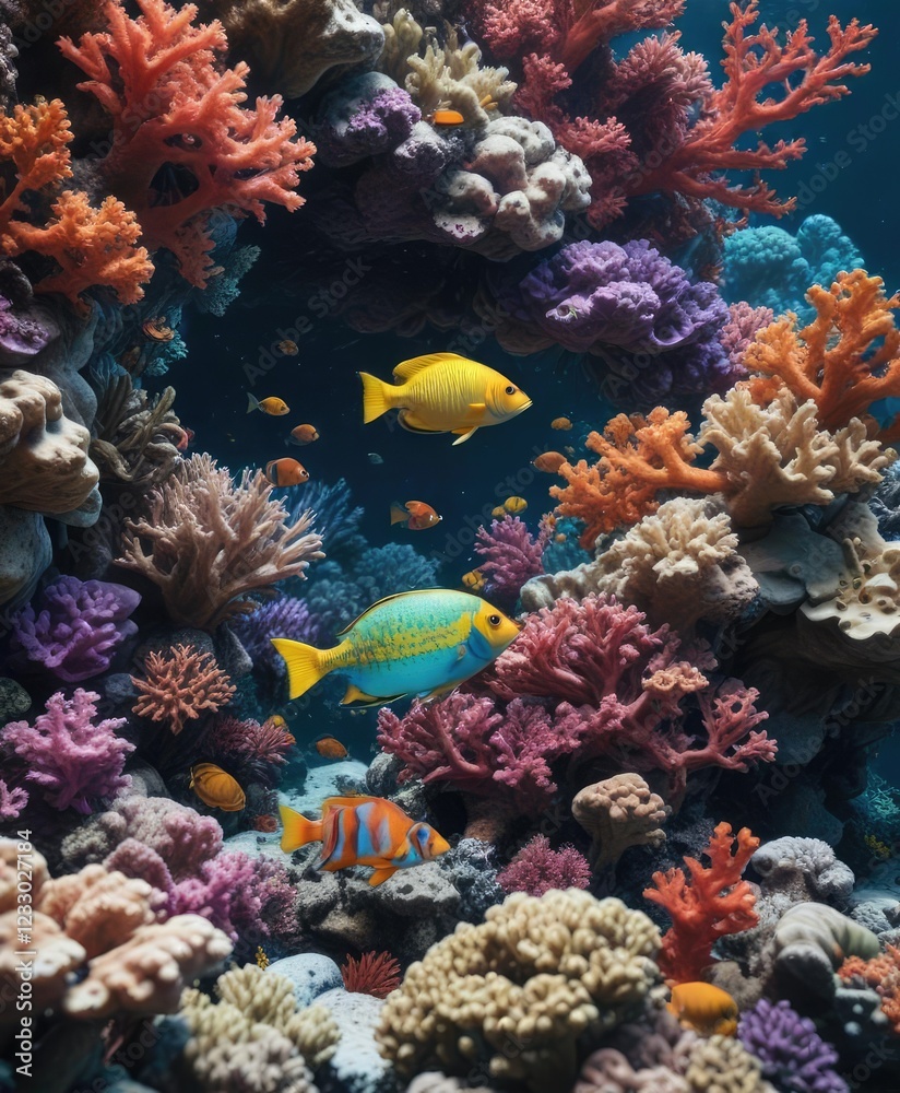 Fototapeta premium Colorful fish hiding behind coral in the ocean, underwater scenes, fish camouflage