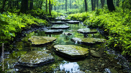 Serene forest stream, stepping stones, lush greenery, tranquility, nature background, ideal for meditation, relaxation, or travel brochures photo