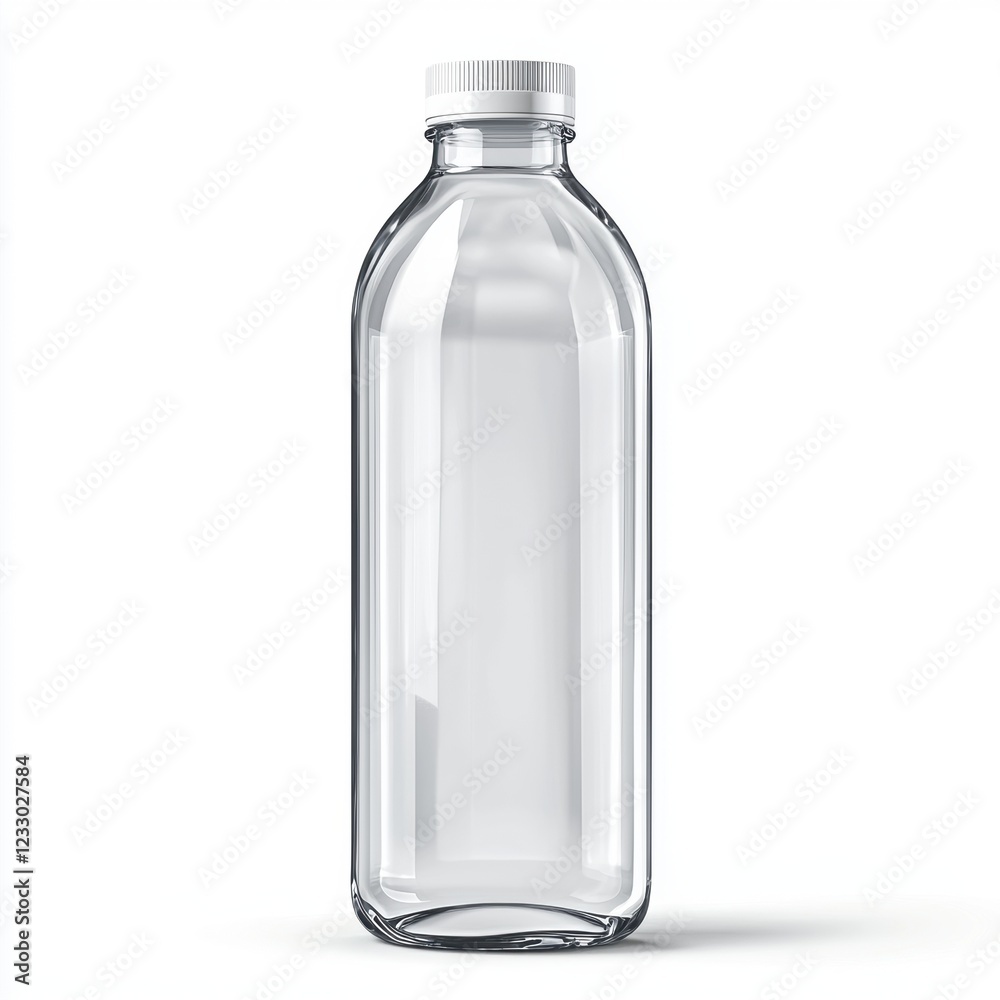 Glass water bottle mockup with a minimalist blank label, isolated on a clean white background