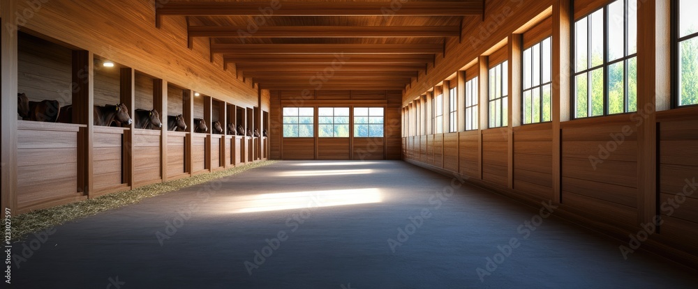 Fototapeta premium Sunlit horse stable interior; empty stalls, wood; rural background. Real estate