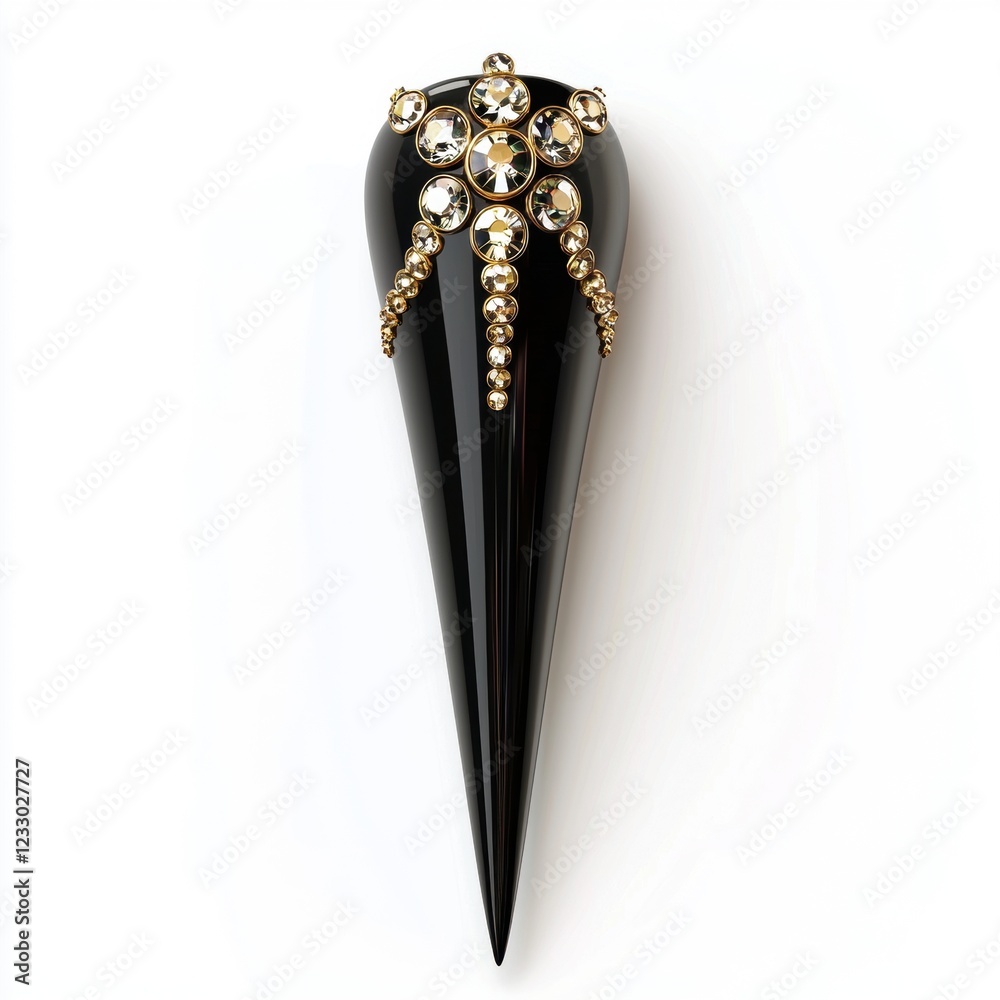 Obraz premium Glossy black stiletto nails with gold accents and rhinestones, placed on a bright white background