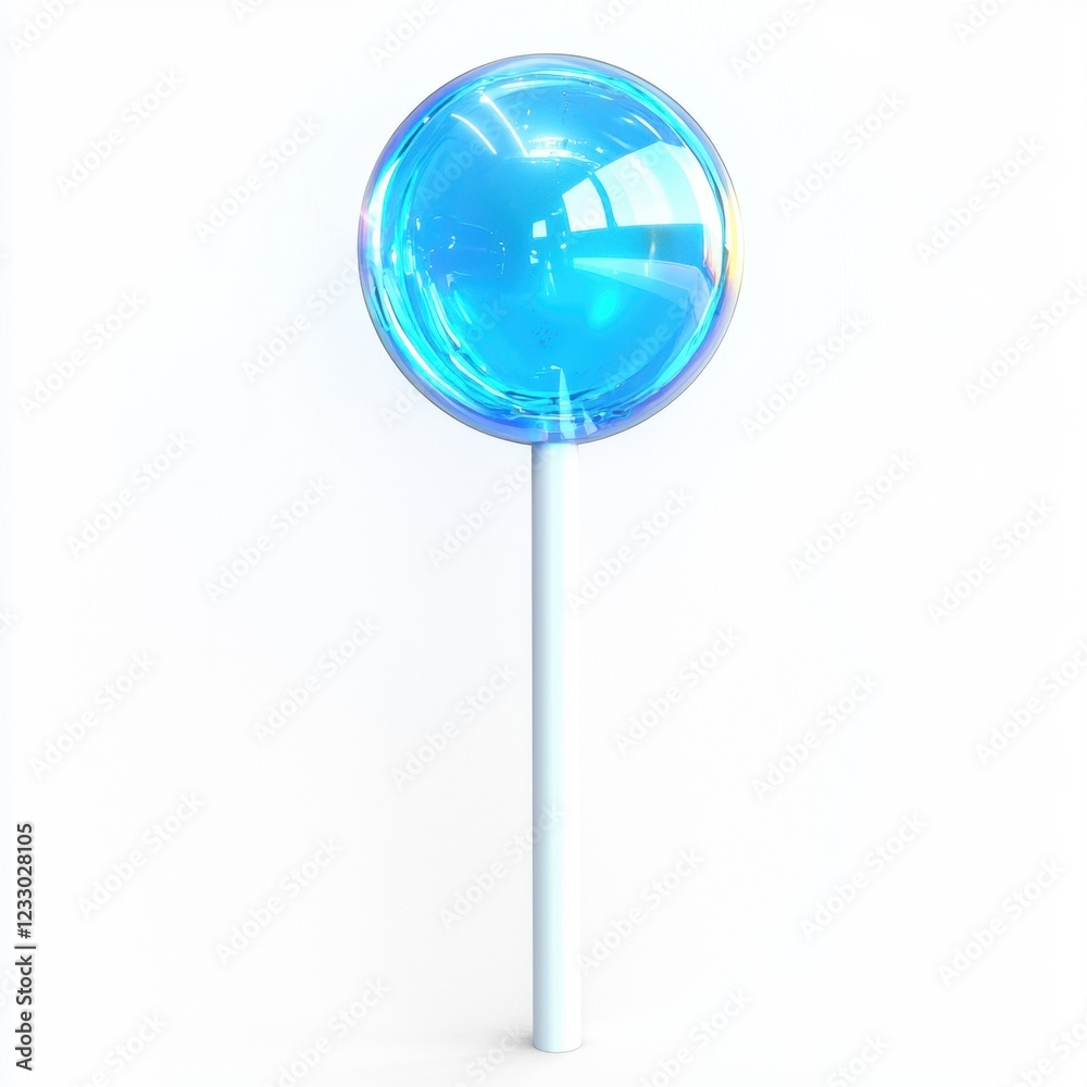 Glowing neon blue lollipop with a translucent effect, centered on a clean white background Glowing neon blue lollipop with a translucent effect, centered on a clean white background