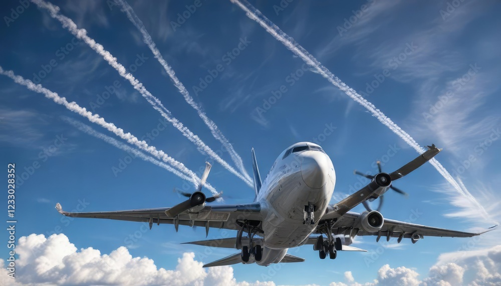 Contrails from a large cargo plane against a bright blue sky, aircraft, airplane Contrails from a large cargo plane against a bright blue sky, aircraft, airplane