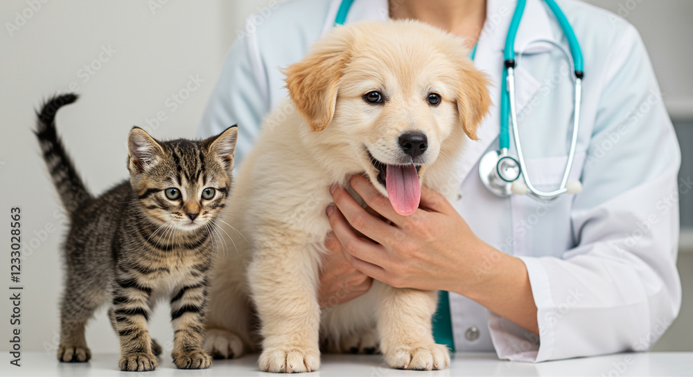 Puppy and kitten at vet visit. Cute pets are examined by veterinarian Puppy and kitten at vet visit. Cute pets are examined by veterinarian