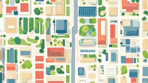 Aerial view of city urban planning, buildings, roads, and parks.