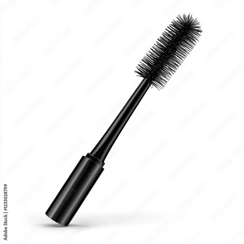 Mascara wand with thick black bristles, coated with glossy product, placed on a bright white background Mascara wand with thick black bristles, coated with glossy product, placed on a bright white background