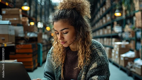 Wallpaper Mural Focus and Efficiency: A young woman with curly hair works diligently on her laptop in a warehouse setting, surrounded by rows of boxes. Torontodigital.ca