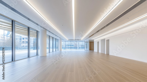 Empty white room with wooden floor 3d render illustration with bright light from ceiling 3d render illustration