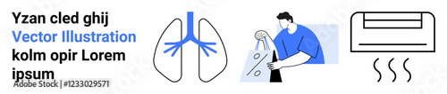 Lungs illustration, person recycling plastic bottles, air conditioning unit emitting heat. Ideal for health, environment, recycling, air quality, climate control, sustainability clean living