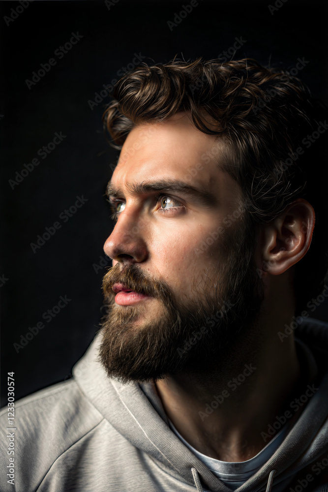 Fototapeta premium Pensive man with beard gazing thoughtfully in dark background