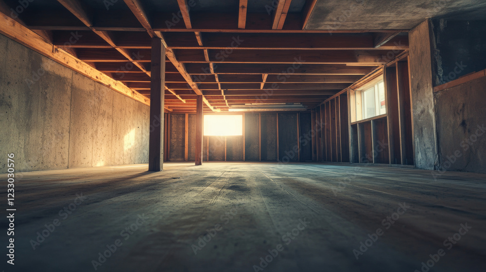empty concrete basement interior with sky and day lighting and wood plank floor 3d render illustration empty concrete basement interior with sky and day lighting and wood plank floor 3d render illustration