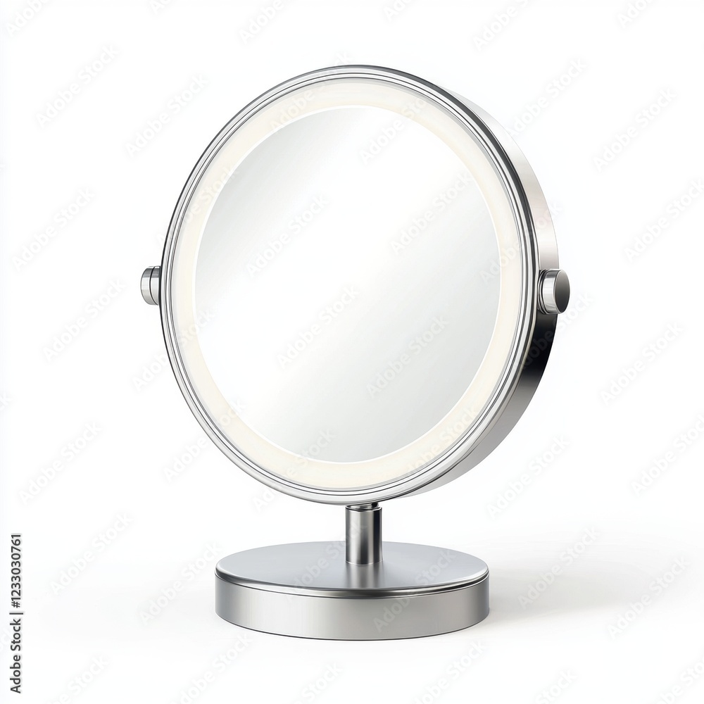 LED vanity mirror with a touch-sensitive brightness control, placed on a bright white background LED vanity mirror with a touch-sensitive brightness control, placed on a bright white background